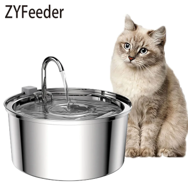 Cat drinking from PureFlow stainless steel water fountain